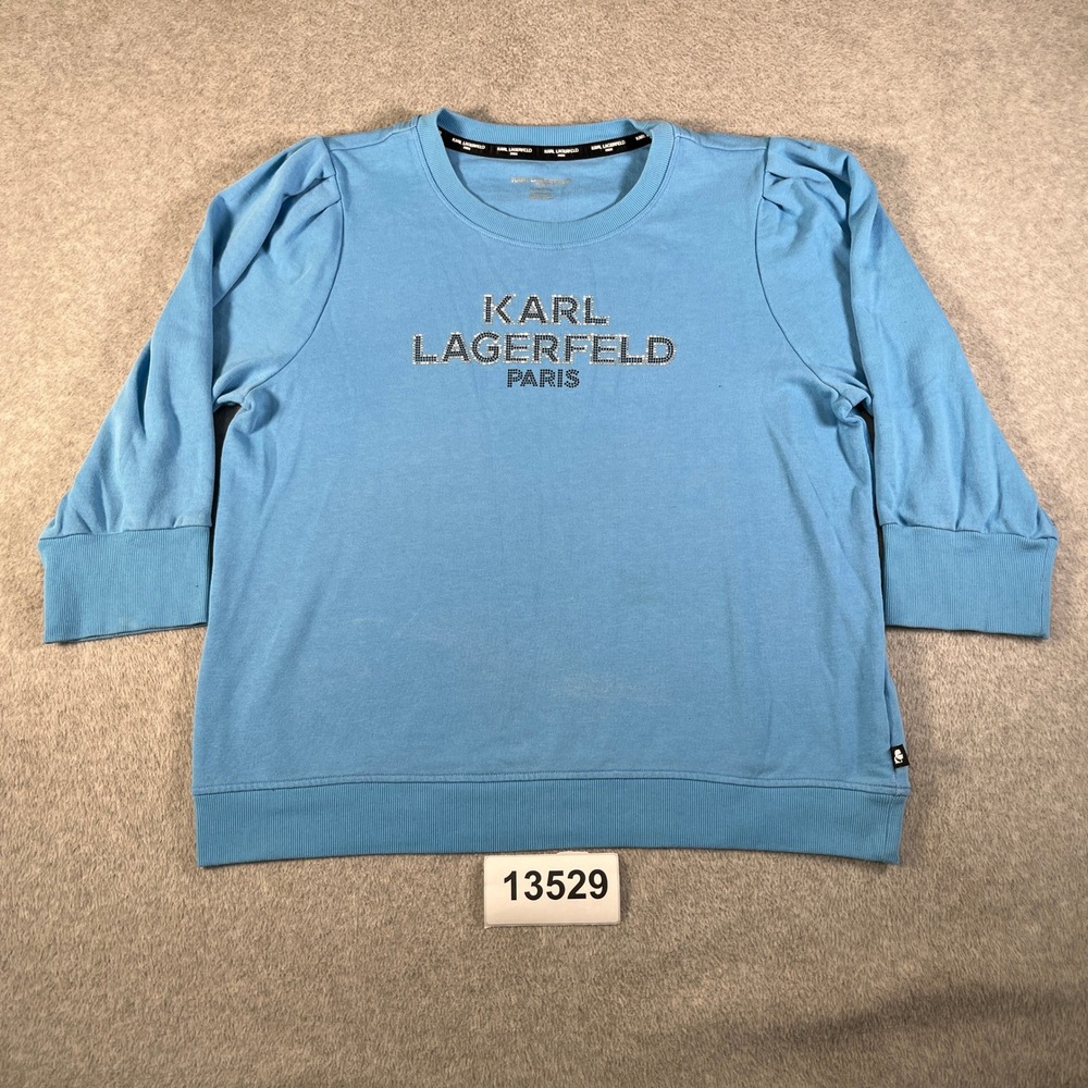 Karl Lagerfeld Sweatshirt Women XL Blue Rhinestone Embellished Logo 3/4 Sleeves